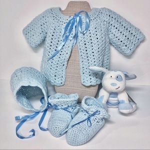 Beautiful Handmade Baby Boy Layette Set Blue Plus Baby Toy NEW